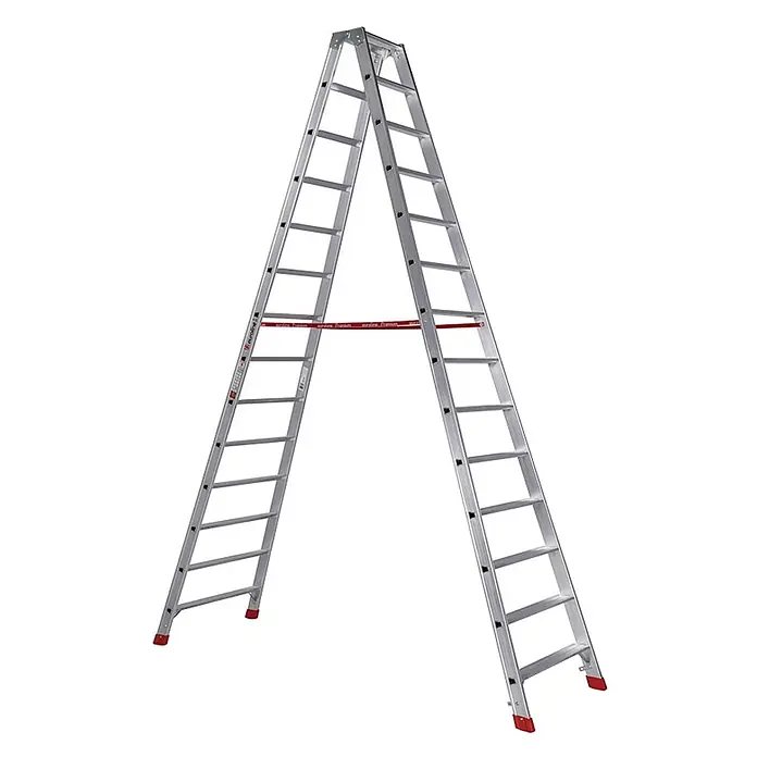 Euroline Stehleiter Premium 30577 Stufenstehleiter 2x14 Stufen - Anzahl Tritte: 14 Stk., Arbeitshöhe: 4.850 m, Aluminium - Silberne Aluminium-Stehleiter mit rotem Sicherungsband.