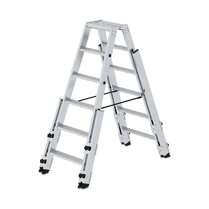 Munk Stehleiter Stufen- Stehleiter treppengängig beidseitig begehbar 2x6 Stufen - Anzahl Tritte: 6 Stk., Arbeitshöhe: 3.400 m, Aluminium - Silberne Aluminium-Mehrzweckleiter in A-Form, mit verstellbaren Beinen und Sicherheitsscharnieren.