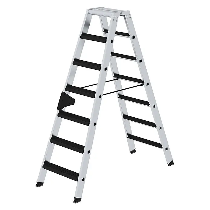 Munk Stehleiter Stehleiter beidseitig begehbar mit relax-step 2x7 Stufen - Anzahl Tritte: 6 Stk., Arbeitshöhe: 2.900 m, Aluminium - Silberne Aluminium-Klappleiter mit schwarzen Anti-Rutsch-Stufen und Füßen.