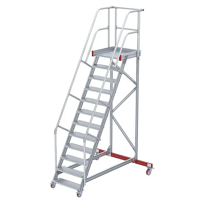 Euroline Stehleiter 513 Wartungsbühne 60° 800mm Stufenbreite 12 Stufen Alu gerieft - Anzahl Tritte: 12 Stk., Aluminium - Mobile Aluminium-Arbeitsplattform mit Treppe, Sicherheitsgeländer und roten Akzenten, mit Rädern.