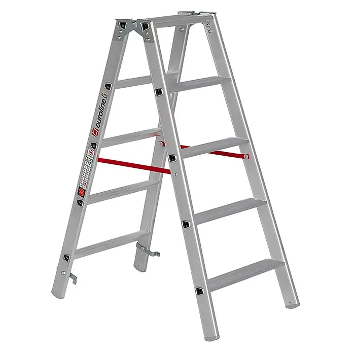 Euroline Stehleiter 20577 Stufenstehleiter 2x5 Stufen - Anzahl Tritte: 5 Stk., Arbeitshöhe: 2.950 m, Aluminium - Selbststehende silberne Aluminium-Klappleiter mit roten Spreizsicherungen.