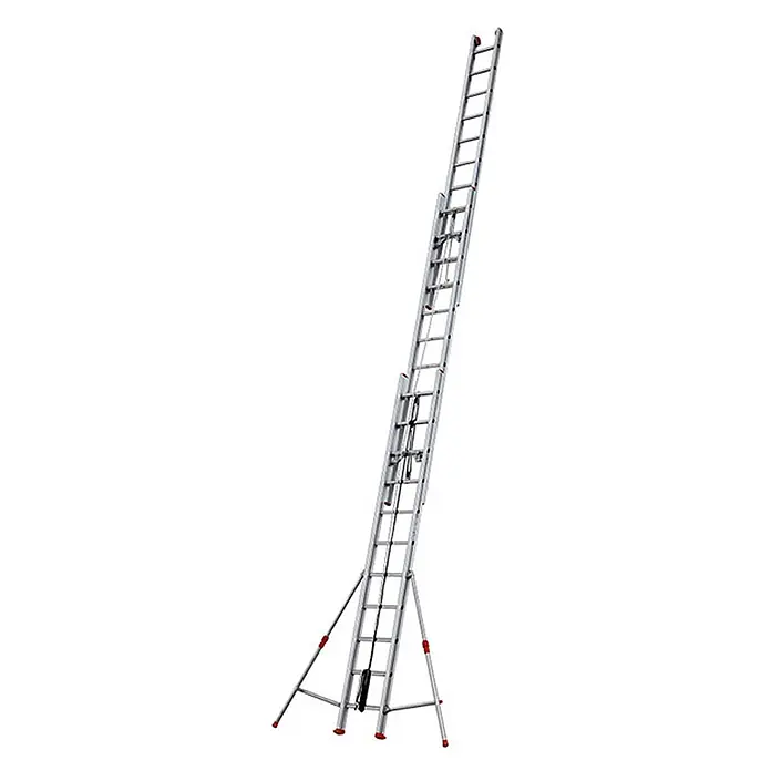 Facal Seilzugleiter Seilzugleiter ROLLER S600 3x11 Sprossen - Anzahl Tritte: 11 Stk., Arbeitshöhe: 9.440 m, Aluminium - Ausgefahrene silberne Aluminium-Anlegeleiter mit breiter Standbasis und rot-schwarzen Akzenten.
