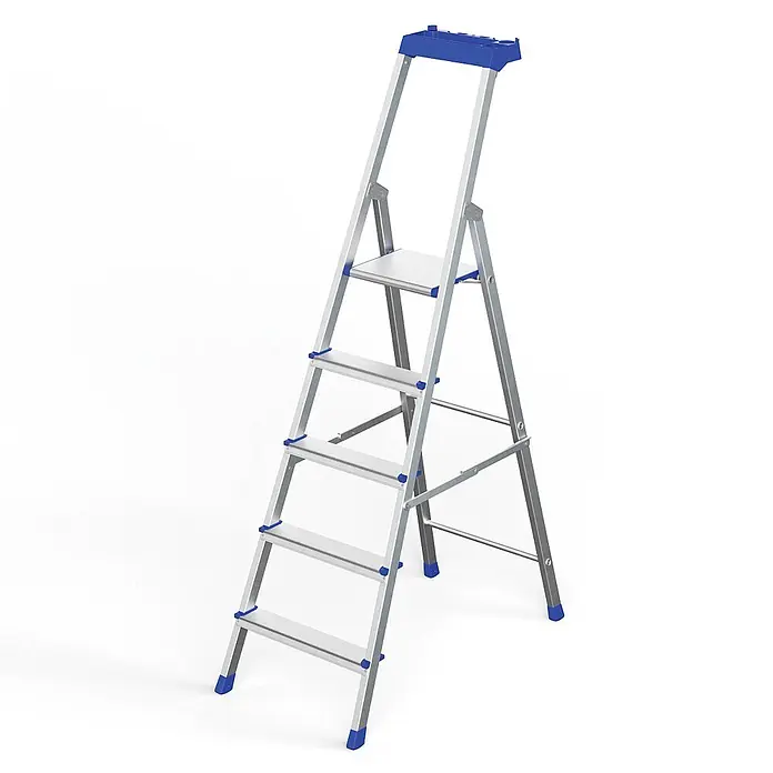 Werner Stehleiter Stufenstehleiter Pro Smart 5 Stufen - Anzahl Tritte: 5 Stk., Arbeitshöhe: 3.240 m, Aluminium - Silberne Aluminium-Klappleiter mit blauen Akzenten und einer oberen Ablageschale.
