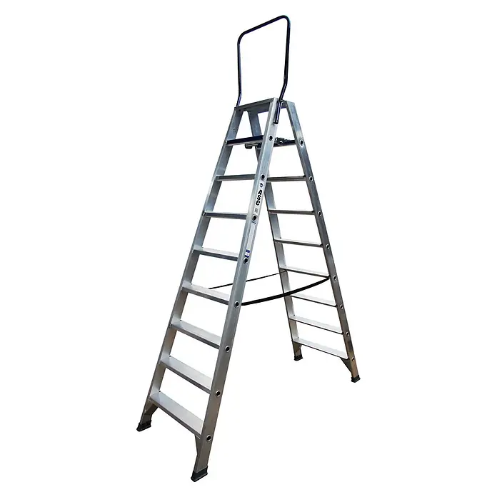 ASC Stehleiter Stufenstehleiter DT-9 doppelseitig 9 Stufen mit 4,27m Arbeitshöhe - Anzahl Tritte: 9 Stk., Arbeitshöhe: 4.270 m, Aluminium - Silberne Aluminium-Stehleiter mit schwarzem Sicherheitsbügel und breiten Stufen.