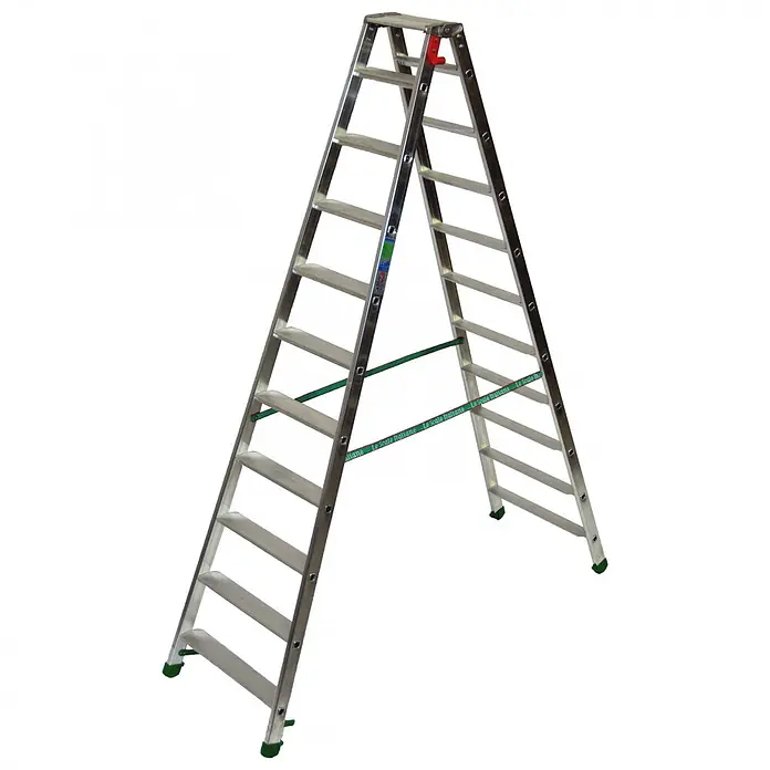 Facal Stehleiter Stufenstehleiter DUPLA S600 10 Stufen - Anzahl Tritte: 10 Stk., Arbeitshöhe: 3.230 m, Aluminium - Silberne Aluminium-Klappleiter mit grünem Sicherungsband und rutschfesten Füßen.