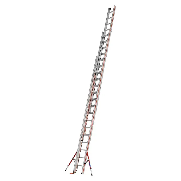 Hymer Seilzugleiter Seilzugleiter klappbarer Teleskopausleger 3x16 Sprossen - Arbeitshöhe: 12.060 m, Aluminium - Dreiteilige Aluminium-Schiebeleiter mit Seilzugsystem, roten Akzenten und breiten Standfüßen.