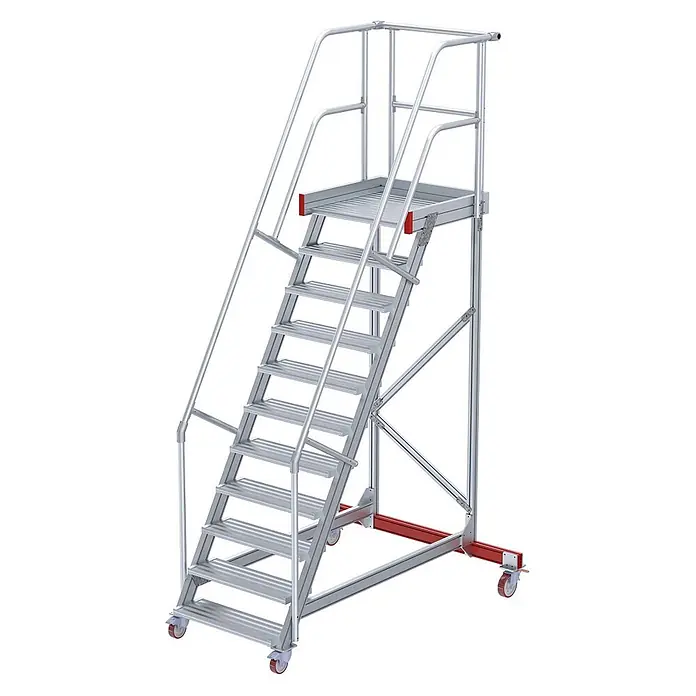 Euroline Stehleiter 513 Wartungsbühne 60° 800mm Stufenbreite 10 Stufen Alu gerieft - Anzahl Tritte: 10 Stk., Aluminium - Mobile Arbeitsbühne aus silbernem Aluminium mit Treppe, Handläufen und Rollen für erhöhten Zugang.