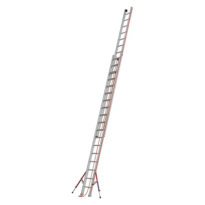 Hymer Seilzugleiter Seilzugleiter Teleskopausleger 2x18 Sprossen - Arbeitshöhe: 10.120 m, Aluminium - Silberne Aluminium-Ausziehleiter mit orangefarbenem Seil und roten, verstellbaren Stützfüßen.