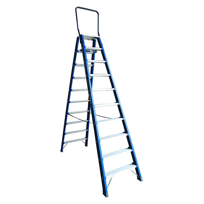 ASC Stehleiter Premium- Stufenstehleiter DT-10 2x10 Stufen mit 4,53m Arbeitshöhe - Anzahl Tritte: 10 Stk., Arbeitshöhe: 4.530 m, Aluminium - Blaue und silberne A-Rahmen-Klappleiter mit breiten Stufen und einem oberen Sicherheitsgeländer.