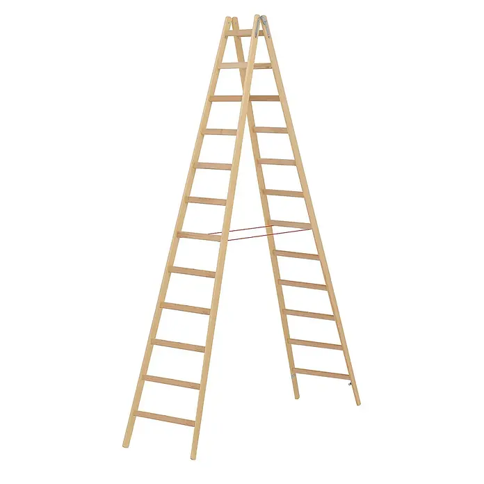 Hymer Stehleiter Holz Sprossenstehleiter mit Eimerhaken 2x12 Sprossen - Anzahl Tritte: 12 Stk., Arbeitshöhe: 4.750 m, Holz - Helle Holz-Klappleiter mit roten Sicherheitsgurten.