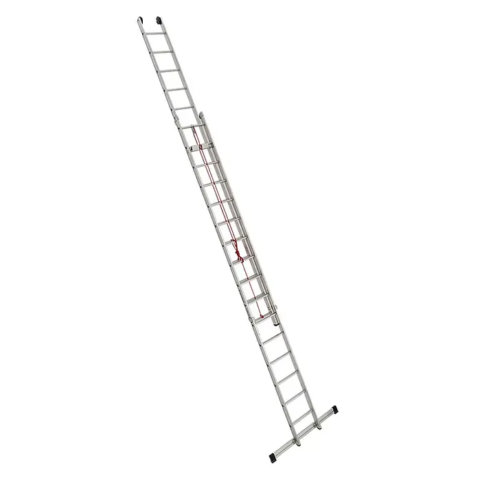 Euroline Seilzugleiter Premium 312 Seilzugleiter 2x16 Sprossen - Anzahl Tritte: 16 Stk., Arbeitshöhe: 9.500 m - Silberne Aluminium-Ausziehleiter mit rotem Seilzugsystem, Rollen oben und Stabilisator unten.
