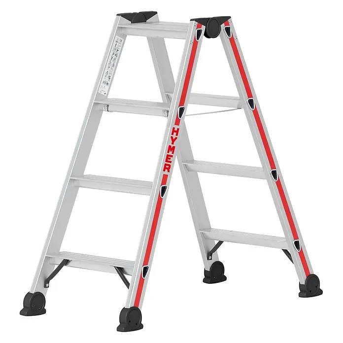 Hymer Stehleiter Stufenstehleiter 2x4 Stufen - Anzahl Tritte: 4 Stk., Arbeitshöhe: 2.420 m, Aluminium - Beidseitige silberne Aluminium-Klappleiter mit roten Streifen und schwarzen Antirutschkappen.
