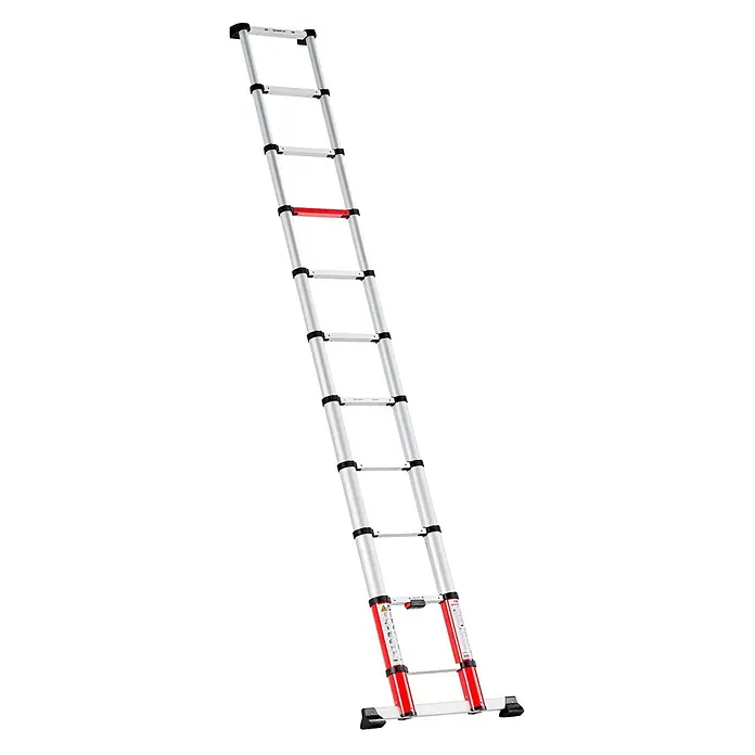 Altrex Teleskopleiter Teleskopleiter Smart Up Go 11 Sprossen - Anzahl Tritte: 11 Stk., Arbeitshöhe: 4.200 m, Aluminium - Vollständig ausgefahrene silberne Teleskopleiter mit roten und schwarzen Akzenten.