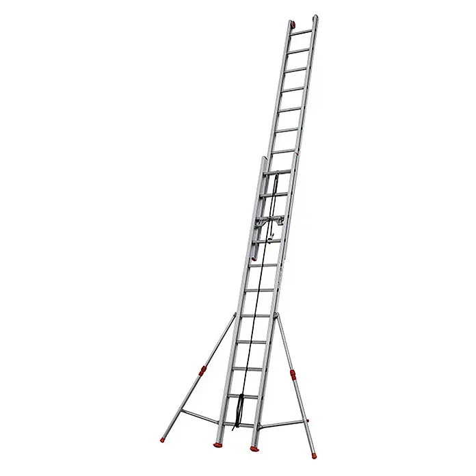 Facal Seilzugleiter Seilzugleiter ROLLER S600 2x11 Sprossen - Anzahl Tritte: 11 Stk., Arbeitshöhe: 6.800 m, Aluminium - Silberne Aluminium-Ausziehleiter mit roten Sicherheitsfüßen und stabilisierenden Seitenstützen.