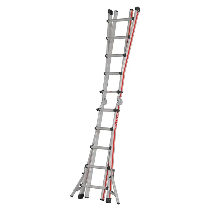 Hymer Teleskopleiter Teleskopleiter 4x5 Sprossen - Anzahl Tritte: 5 Stk., Arbeitshöhe: 6.100 m, Aluminium - Silberne Aluminium-Klappleiter mit roten Akzenten, in A-Form aufgestellt.