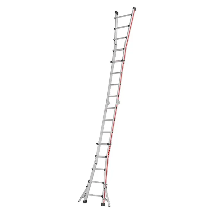 Hymer Teleskopleiter Teleskopleiter 4x5 Sprossen - Anzahl Tritte: 5 Stk., Arbeitshöhe: 6.100 m, Aluminium - Silberne Aluminium-Mehrzweckleiter mit roten Akzenten, ausgestattet mit Rollen und schwarzen Antirutschfüßen.