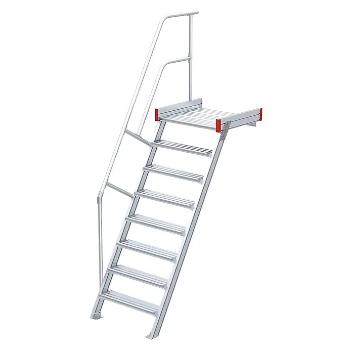 Euroline Treppenpodest 511 Podesttreppe 60° 1000mm Stufenbreite 8 Stufen Alu gerieft -  - Modulare Aluminium-Zugangstreppe mit Plattform und Handlauf, silber mit roten Sicherheitsakzenten.