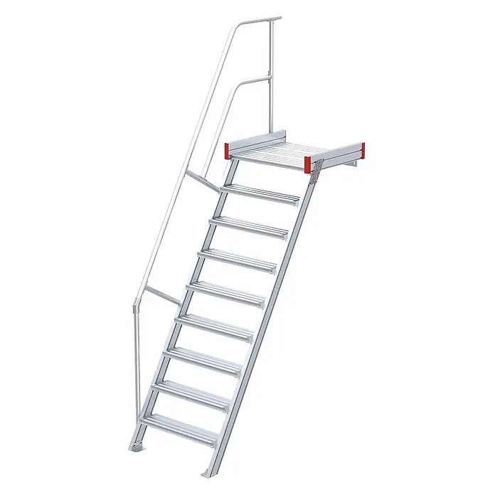 Euroline Treppenpodest 511 Podesttreppe 60° 1000mm Stufenbreite 9 Stufen Alu gerieft -  - Silberne Aluminium-Zugangstreppe mit Podest, Handlauf und gerillten Stufen.