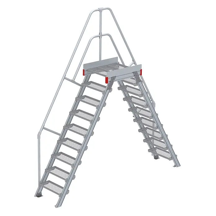 Euroline Treppenpodest 512 Überstieg 60° 600mm Stufenbreite 2x9 Stufen Stahl Gitterrost -  - Silberne Metall-Industriezugangsplattform mit zwei Treppen und integrierten Geländern.
