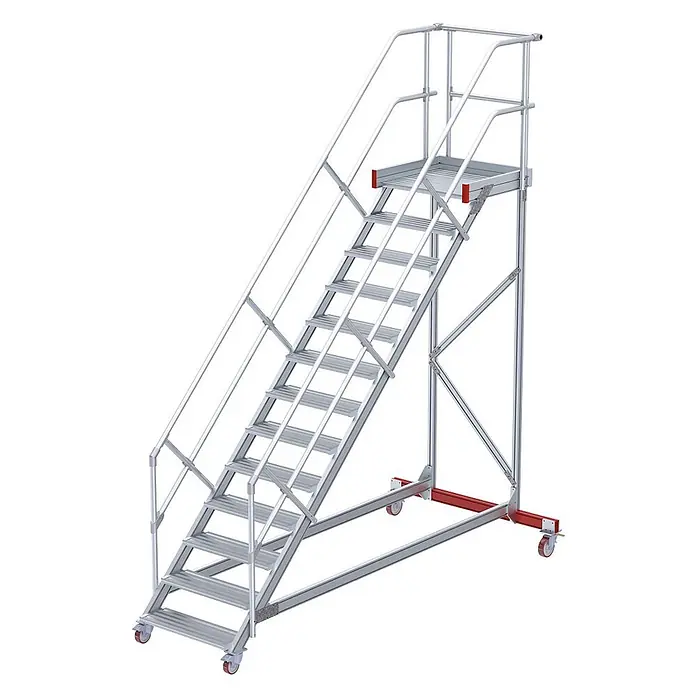 Euroline Treppenpodest 513 Wartungsbühne 45° 1000mm Stufenbreite 13 Stufen Alu gerieft - Anzahl Tritte: 13 Stk., Aluminium - Mobile silberne Aluminium-Zugangstreppe mit Geländern, Plattform und Rollen.