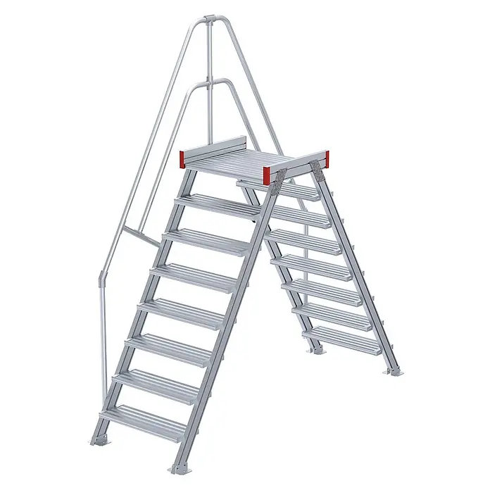 Euroline Treppenpodest 512 Überstieg 60° 600mm Stufenbreite 2x8 Stufen Alu gerieft -  - Silberne Aluminium-Zugangsplattform mit beidseitigen Treppen und Geländern.