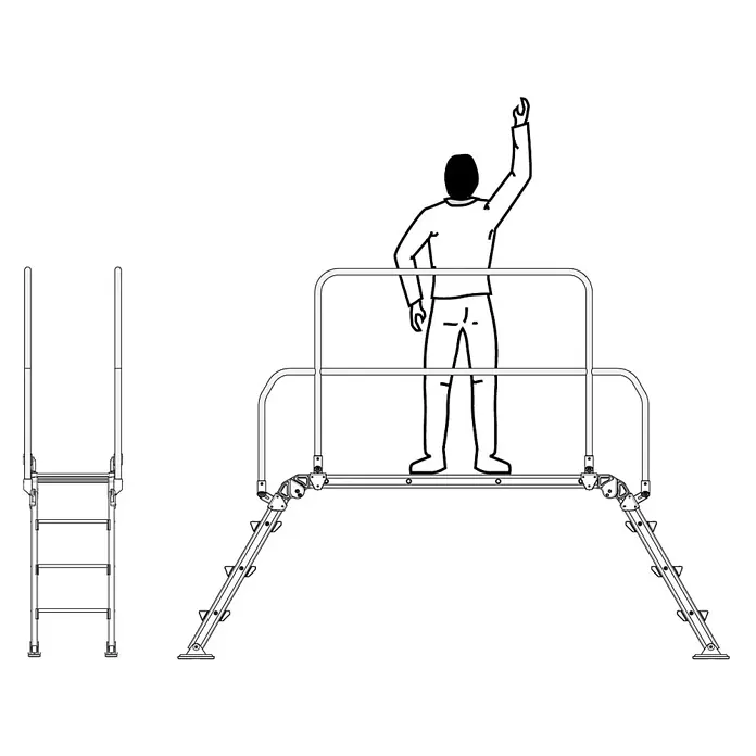 Facal Treppenpodest Diva Überstieg 60° Plattform 120x53cm 2 Stufen -  - Metall-Arbeitsbühne mit integrierter Leiter und Geländer, dargestellt mit einer Person darauf.