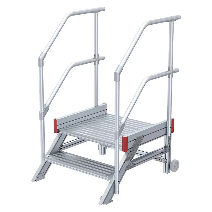 Euroline Treppenpodest 514 Anstieg 45° 1000mm Stufenbreite 2 Stufen Alu gerieft - Anzahl Tritte: 2 Stk., Aluminium - Tragbare silberne Aluminium-Arbeitsplattform mit zwei Stufen, Geländern und kleinen Rädern.