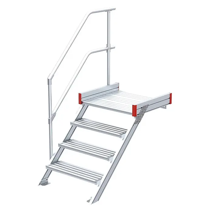 Euroline Treppenpodest 511 Podesttreppe 45° 1000mm Stufenbreite 4 Stufen Alu gerieft -  - Modulare silberne Aluminiumtreppe mit Geländer und kleiner oberer Plattform, geeignet für Gerüste oder erhöhte Zugänge.