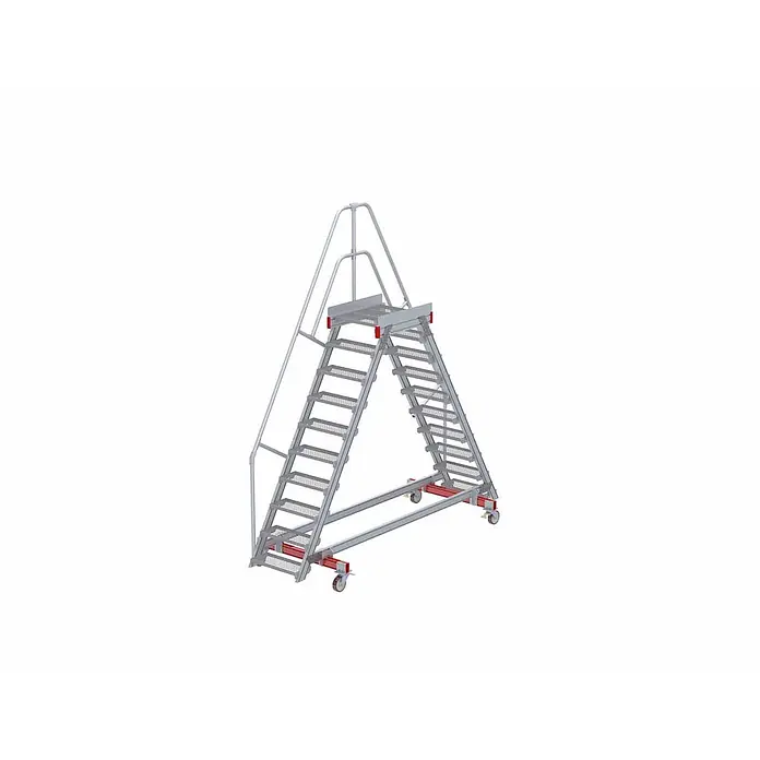 Euroline Treppenpodest 512 mobiler Überstieg 60° Stufenausführung Stahl Gitterrost Stufenbreite -  - Silbergraue, mobile Industrie-Zugangsplattform mit zwei Treppen, einer zentralen Plattform, Geländern und rot akzentuierten Rädern.