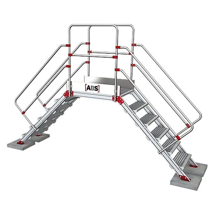 ABS Treppenpodest Überstieg mit 1200mm Höhe & 1000mm Podest Länge -  - Silberfarbene, modulare Überstiegsplattform mit roten Verbindern, beidseitigen Treppen und Geländern für sicheren industriellen Zugang.