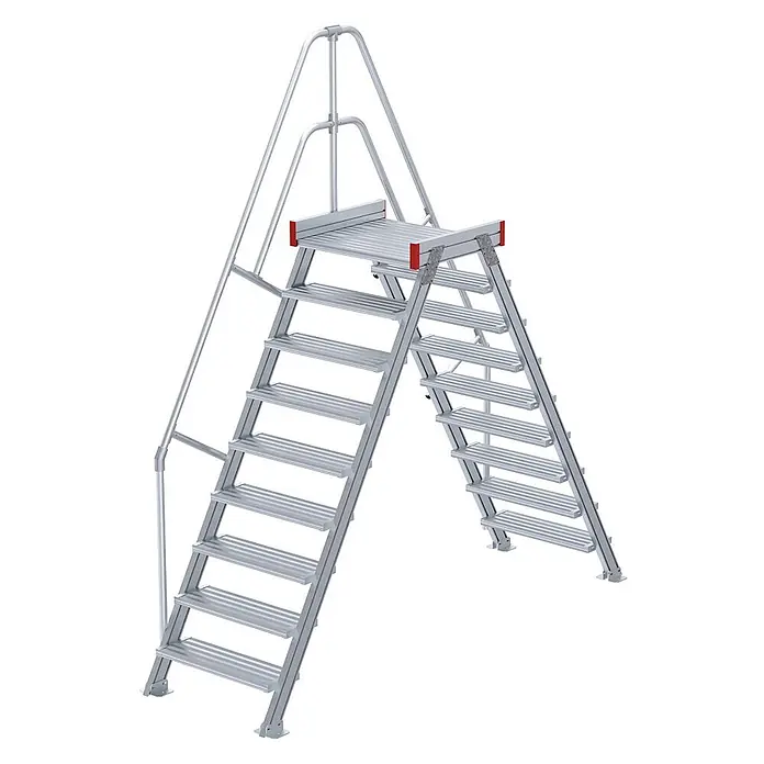 Euroline Treppenpodest 512 Überstieg 60° 800mm Stufenbreite 2x9 Stufen Alu gerieft -  - Silberne Aluminium-Arbeitsplattformtreppe mit oberer Plattform und Geländern.