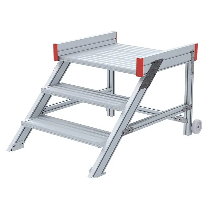 Euroline Treppenpodest 514 Anstieg 45° 800mm Stufenbreite 3 Stufen Alu gerieft - Anzahl Tritte: 3 Stk., Aluminium - Tragbare dreistufige Aluminium-Zugangsplattform mit gerippter Oberseite, roten Akzenten und hinteren Rädern.