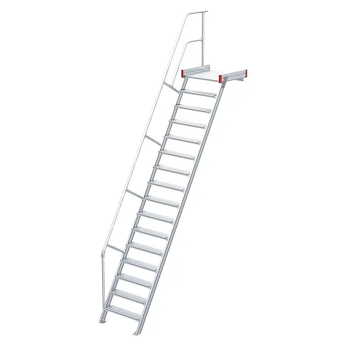 Euroline Treppenpodest 511 Podesttreppe 60° 1000mm Stufenbreite 14 Stufen Alu gerieft -  - Silberne Aluminium-Zugangsleiter mit Handläufen und kleiner oberer Plattform.