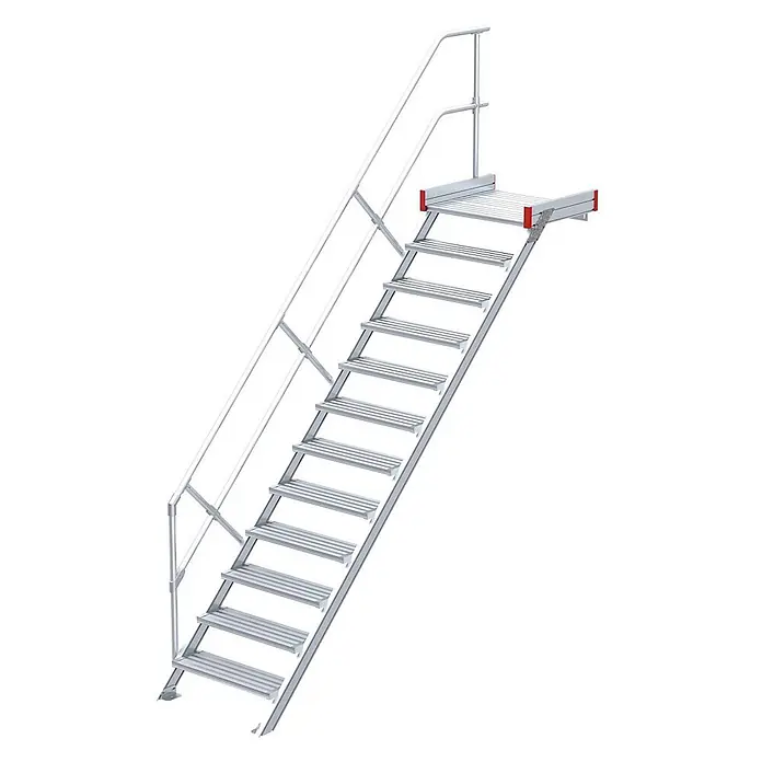 Euroline Treppenpodest 511 Podesttreppe 45° 600mm Stufenbreite 12 Stufen Alu gerieft -  - Modulare silberne Aluminium-Zugangstreppe mit Handlauf und ansteckbarer oberer Plattform.
