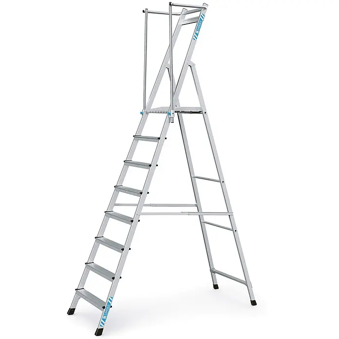 Zarges Treppenpodest Plattformleiter ZAP Neo S mit klappbarem Handlauf 8 Stufen - Anzahl Tritte: 8 Stk., Arbeitshöhe: 3.990 m, Aluminium - Silber-graue Aluminium-Podestleiter mit Geländer für sicheres Arbeiten in der Höhe.