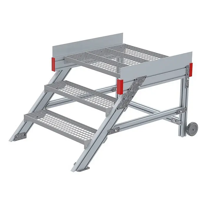 Euroline Treppenpodest 514 Anstieg 45° 800mm Stufenbreite 3 Stufen Stahl Gitterrost - Anzahl Tritte: 3 Stk., Stahl - Mobile graue Industrie-Arbeitsplattform aus Aluminium mit drei Gitterstufen und einer oberen Plattform.