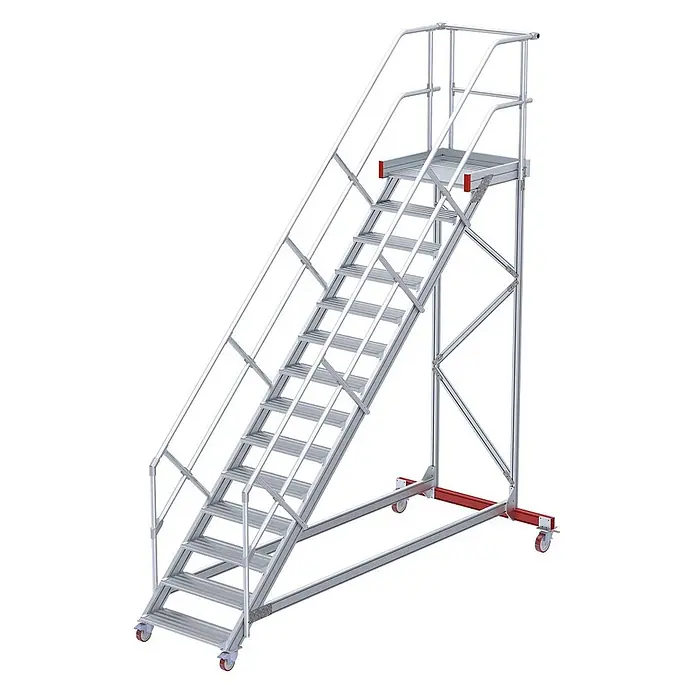 Euroline Treppenpodest 513 Wartungsbühne 45° 800mm Stufenbreite 14 Stufen Alu gerieft - Anzahl Tritte: 14 Stk., Aluminium - Mobile silberne Aluminium-Industrietreppe mit rutschfesten Stufen, Geländern, Plattform und Rollen.
