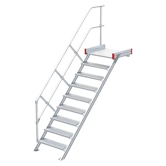Euroline Treppenpodest 511 Podesttreppe 45° 600mm Stufenbreite 9 Stufen Alu gerieft -  - Modulare silberne Aluminium-Zugangstreppe mit Geländer und einer Plattform.