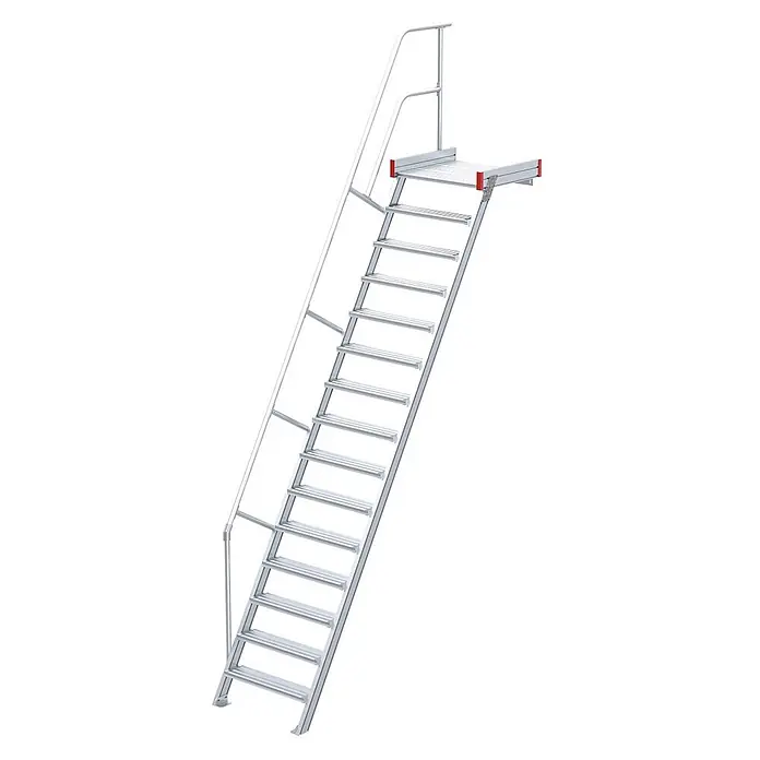 Euroline Treppenpodest 511 Podesttreppe 60° 800mm Stufenbreite 15 Stufen Alu gerieft -  - Silberfarbene Aluminium-Zugangstreppe mit Handläufen und kleiner oberer Plattform.