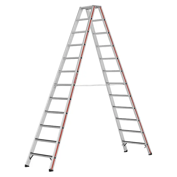 Hymer Stehleiter Stufenstehleiter R13 2x12 Stufen - Anzahl Tritte: 12 Stk., Arbeitshöhe: 4.310 m, Aluminium - Doppelseitige Aluminium-Stehleiter mit roten Akzenten, schwarzen Sprossen und Sicherungsband.