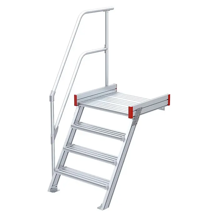 Euroline Treppenpodest 511 Podesttreppe 60° 600mm Stufenbreite 4 Stufen Alu gerieft -  - Modulare Aluminium-Treppe in Silber mit Podest und Handlauf für erhöhten Zugang.