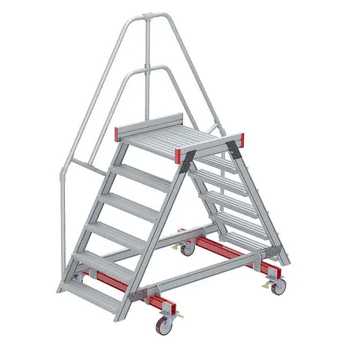 Euroline Treppenpodest 512 mobiler Überstieg 60° Stufenausführung Alu gerieft Stufenbreite 800m -  - Mobile Arbeitsplattform aus Aluminium mit Sicherheitsgeländern und feststellbaren Rollen.