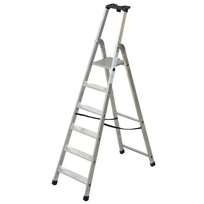 Facal Stehleiter Stufenstehleiter QUADRA S300 Aluminium 6 Stufen - Anzahl Tritte: 6 Stk., Arbeitshöhe: 3.160 m, Aluminium - Silberne Aluminium-Klappleiter mit oberer Plattform und mehreren Stufen.