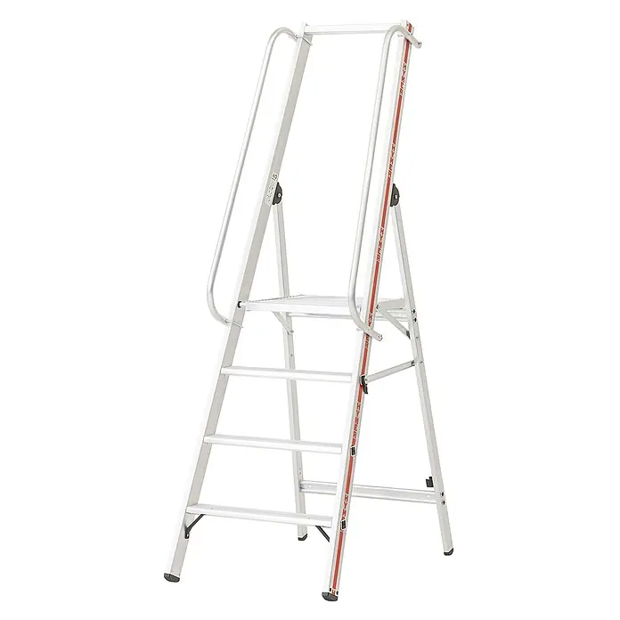 Hymer Treppenpodest Plattformleiter mit langem Handlauf 4 Stufen - Anzahl Tritte: 4 Stk., Arbeitshöhe: 2.950 m, Aluminium - Silberne Aluminium-Sicherheits-Stehleiter mit Plattform und Handläufen.