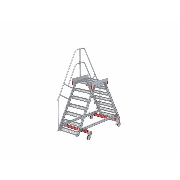 Euroline Treppenpodest 512 mobiler Überstieg 60° Stufenausführung Stahl Gitterrost Stufenbreite -  - Mobile industrielle Zugangsplatform aus Aluminium mit doppelseitigen Stufen, Handläufen und roten Rollen.