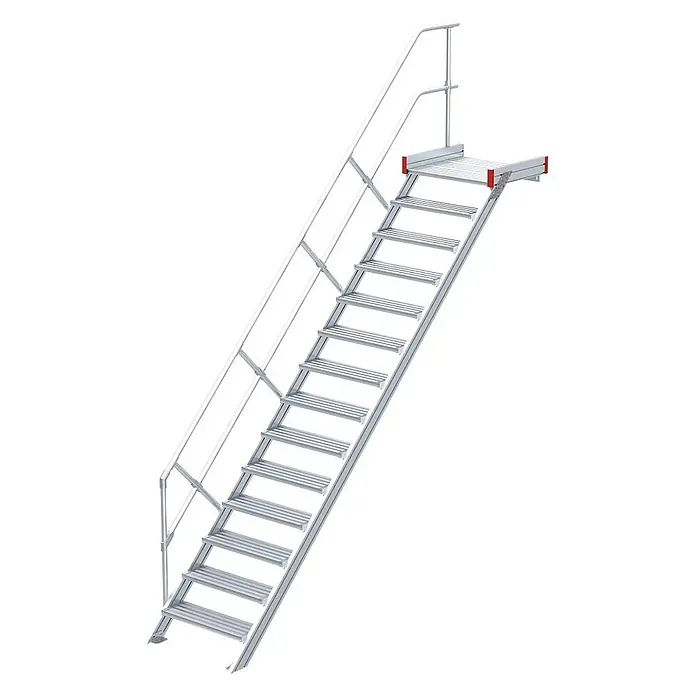 Euroline Treppenpodest 511 Podesttreppe 45° 600mm Stufenbreite 14 Stufen Alu gerieft -  - Silberne Aluminium-Industrietreppe mit Geländern und kleiner oberer Plattform für sicheren Zugang.