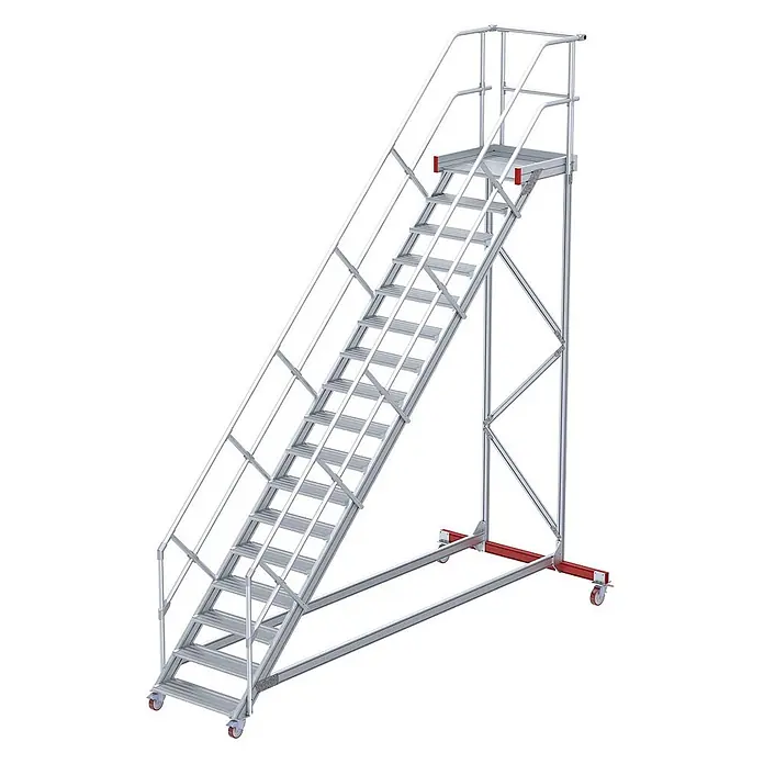 Euroline Treppenpodest 513 Wartungsbühne 45° 1000mm Stufenbreite 17 Stufen Alu gerieft - Anzahl Tritte: 17 Stk., Aluminium - Mobile Aluminium-Zugangstreppe mit Plattform und Geländern, roten Akzenten und Rollen zur einfachen Verstellung.