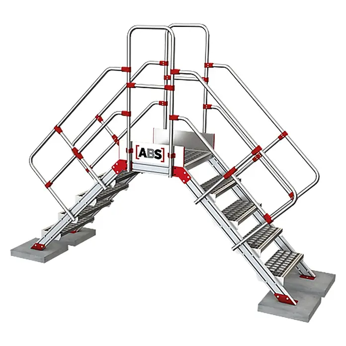 ABS Treppenpodest Überstieg mit 1000mm Höhe & 1000mm Podest Länge -  - Silberne Aluminium-Überstiegsplattform mit roten Akzenten und Gitterstufen auf Betonfüßen.
