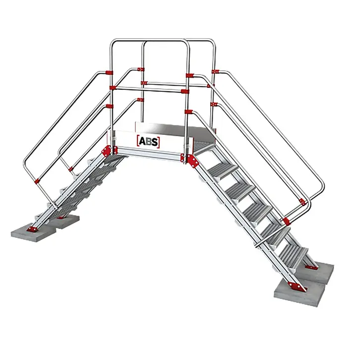 ABS Treppenpodest Überstieg mit 1200mm Höhe & 800mm Podest Länge -  - Silberne industrielle Übertrittsplattform mit zwei Treppen und roten Verbindern, mit '[ABS]'-Logo.