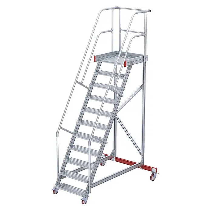 Euroline Treppenpodest 513 Wartungsbühne 60° 800mm Stufenbreite 11 Stufen Alu gerieft - Anzahl Tritte: 11 Stk., Aluminium - Mobile Aluminium-Arbeitsplattform mit Handläufen, 10 geriffelten Stufen, roter Basis und Rollen für einfache Bewegung.
